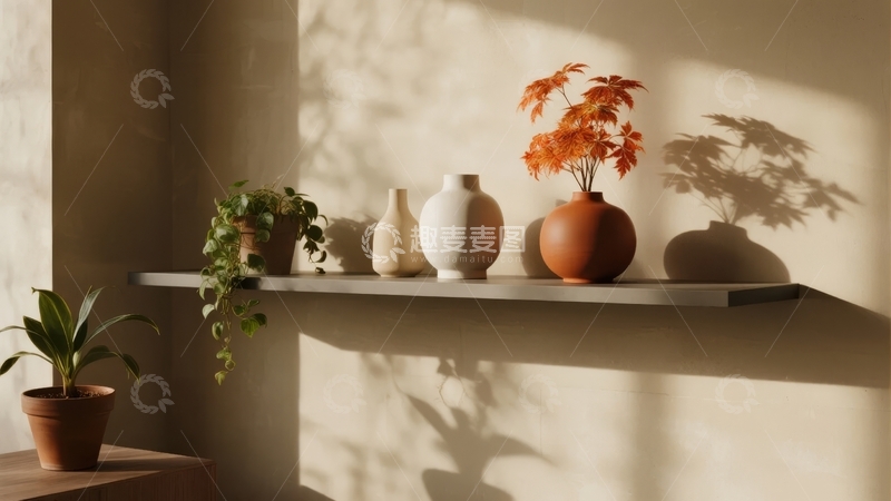 高清大图下载【趣麦麦图】阳光洒在置物架上的绿植与陶罐