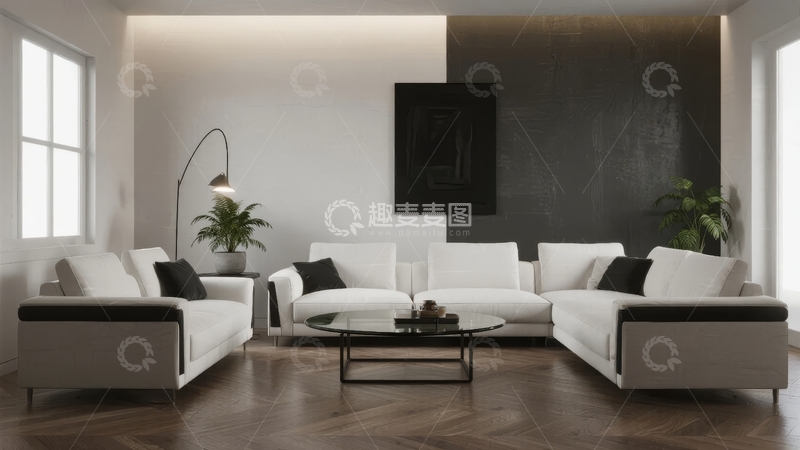高清大图下载【趣麦麦图】现代简约风格客厅设计白色沙发与黑色装饰画