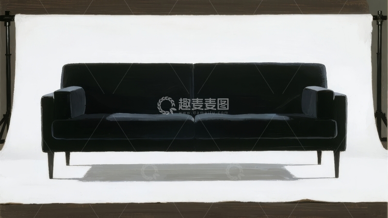 高清大图下载【趣麦麦图】黑色绒面双人沙发置于简约背景中