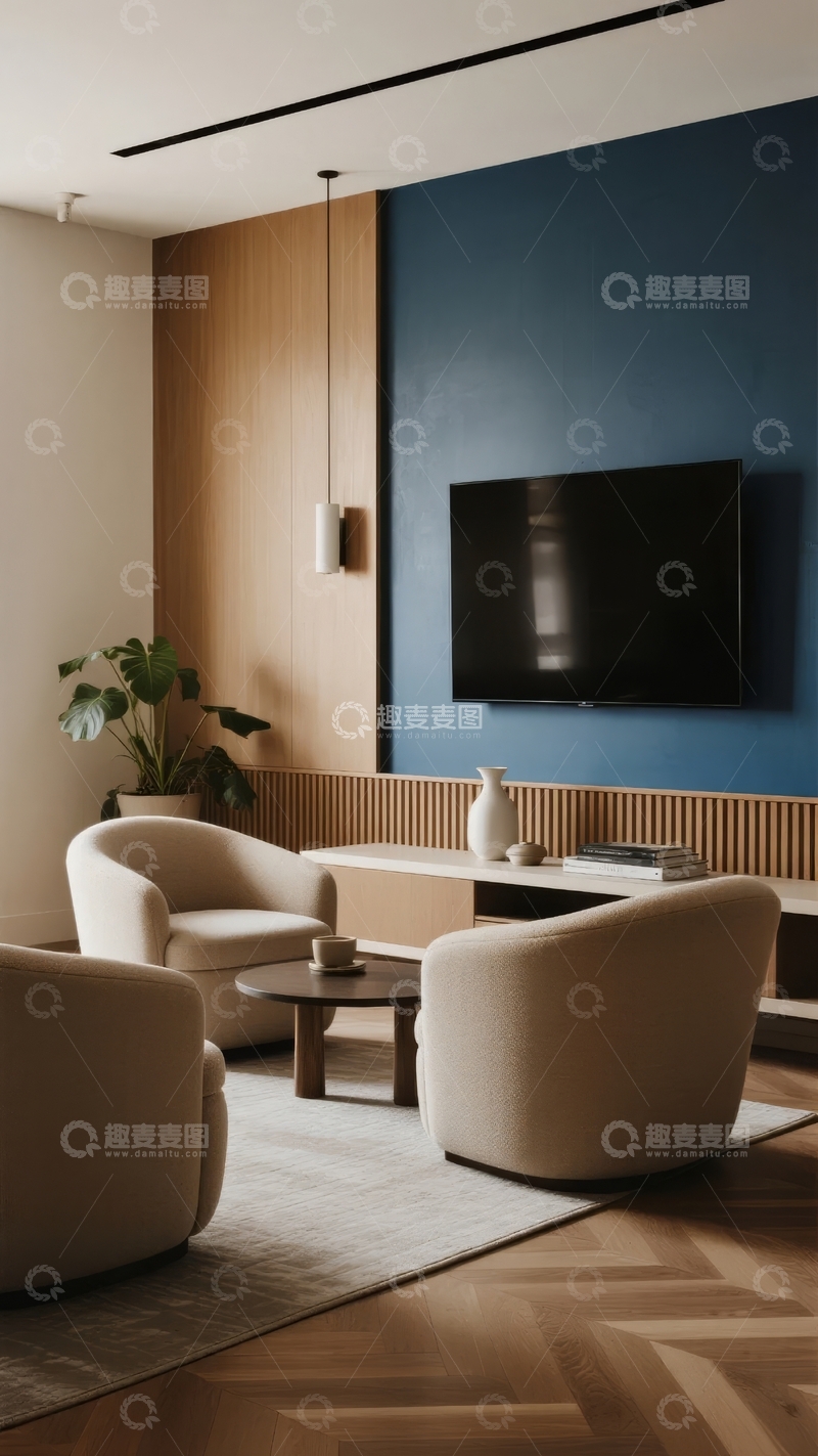 高清大图下载【趣麦麦图】现代简约客厅设计蓝色墙面与木质装饰结合