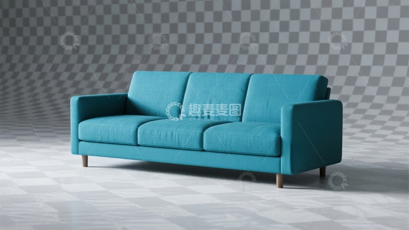高清大图下载【趣麦麦图】蓝色三人沙发置于灰色格纹背景的室内场景
