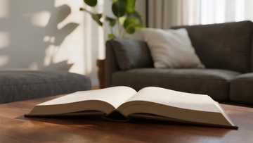 一本打开的书置于木质桌面上背景为客厅沙发