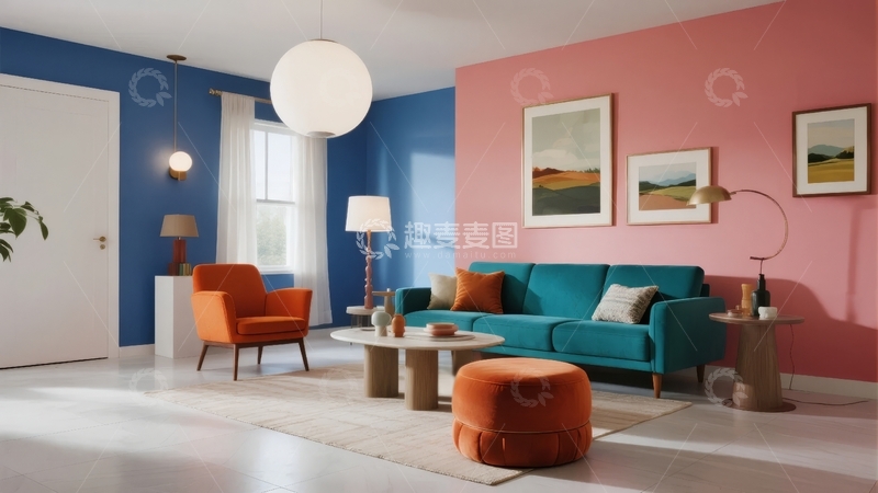 高清大图下载【趣麦麦图】现代客厅设计蓝粉撞色墙面搭配舒适家具