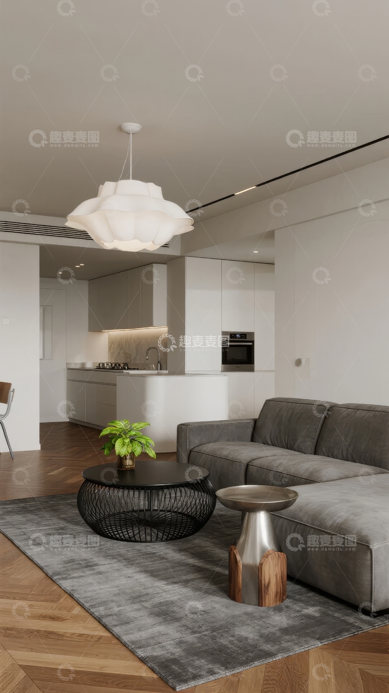 高清大图下载【趣麦麦图】现代简约风格客厅搭配开放式厨房