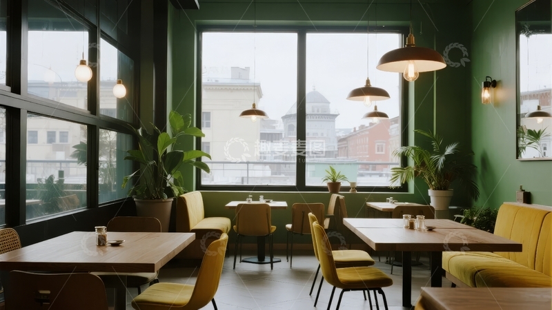 高清大图下载【趣麦麦图】现代餐厅室内设计宽敞明亮配有黄色座椅和大型窗户