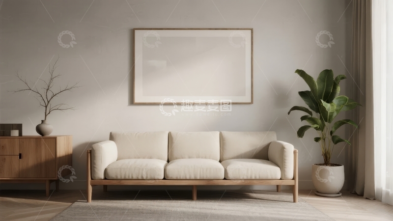 高清大图下载【趣麦麦图】简约现代客厅沙发墙挂画绿植装饰