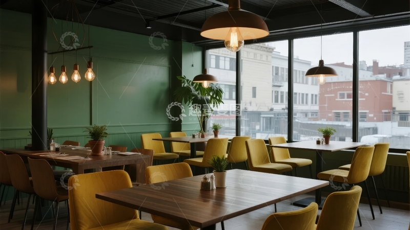 高清大图下载【趣麦麦图】现代餐厅室内设计明亮宽敞配有黄色座椅和大窗户