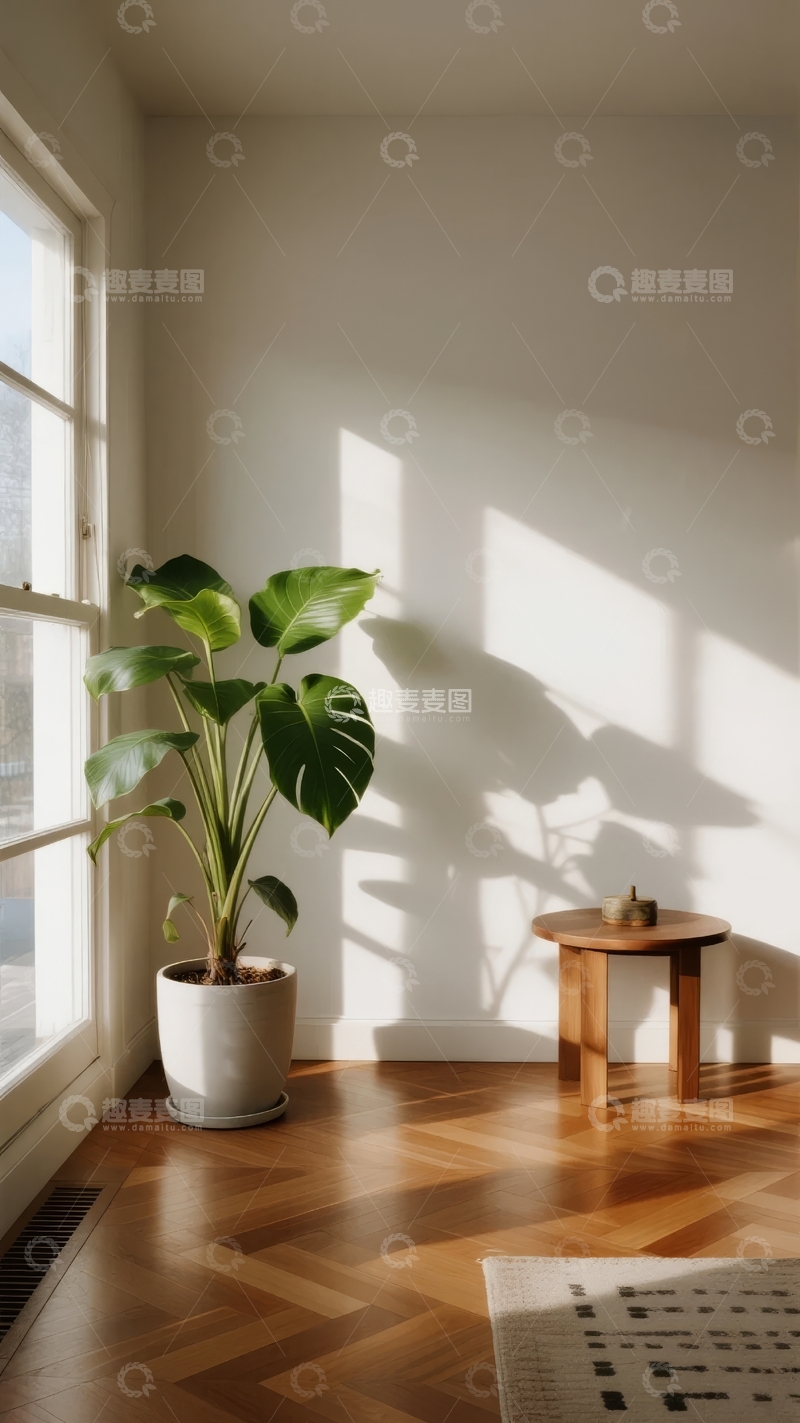 高清大图下载【趣麦麦图】阳光洒在白色墙角的绿植与木质小凳上