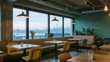 现代咖啡馆室内景观窗外城市天际线