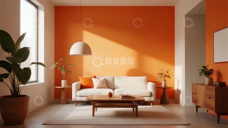 高清大图下载【趣麦麦图】现代简约风格客厅橙色墙面搭配白色家具