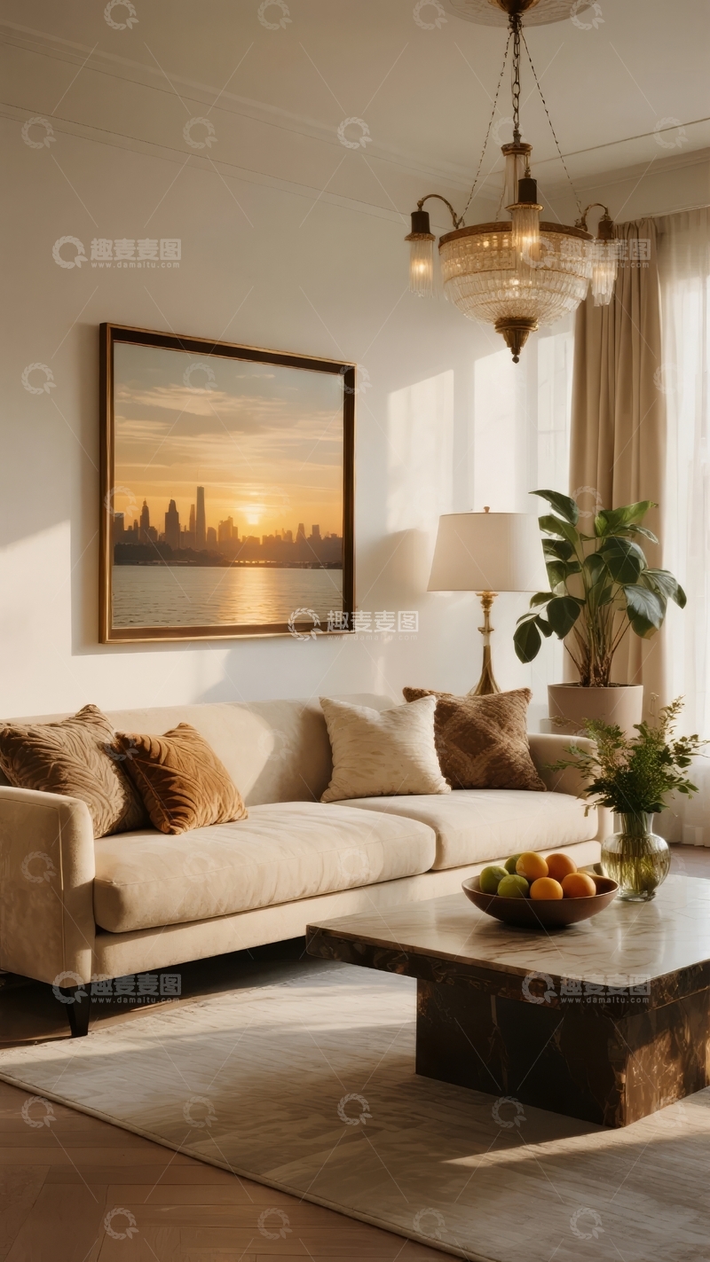 高清大图下载【趣麦麦图】温馨客厅摆放沙发挂画绿植与吊灯
