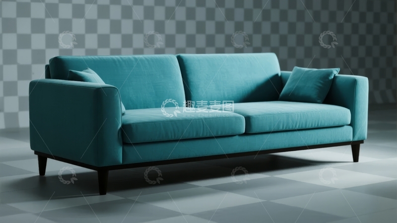 高清大图下载【趣麦麦图】现代简约风格的蓝色三人沙发置于格纹背景与地板之上