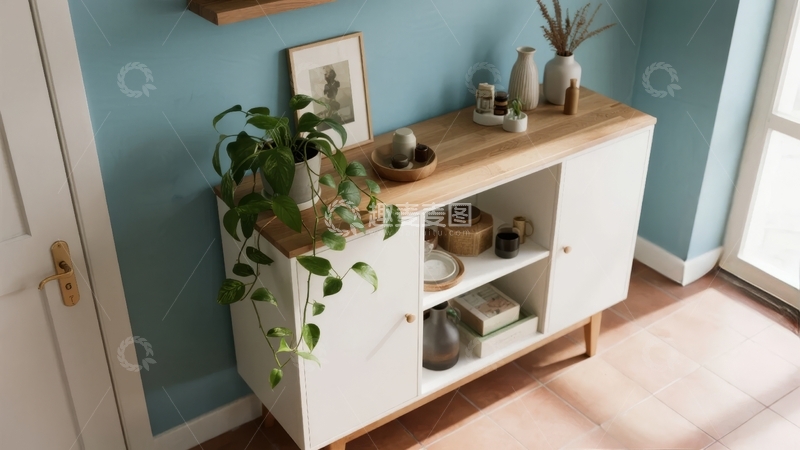 高清大图下载【趣麦麦图】蓝色墙面旁的白色柜子上摆放着绿植和装饰品