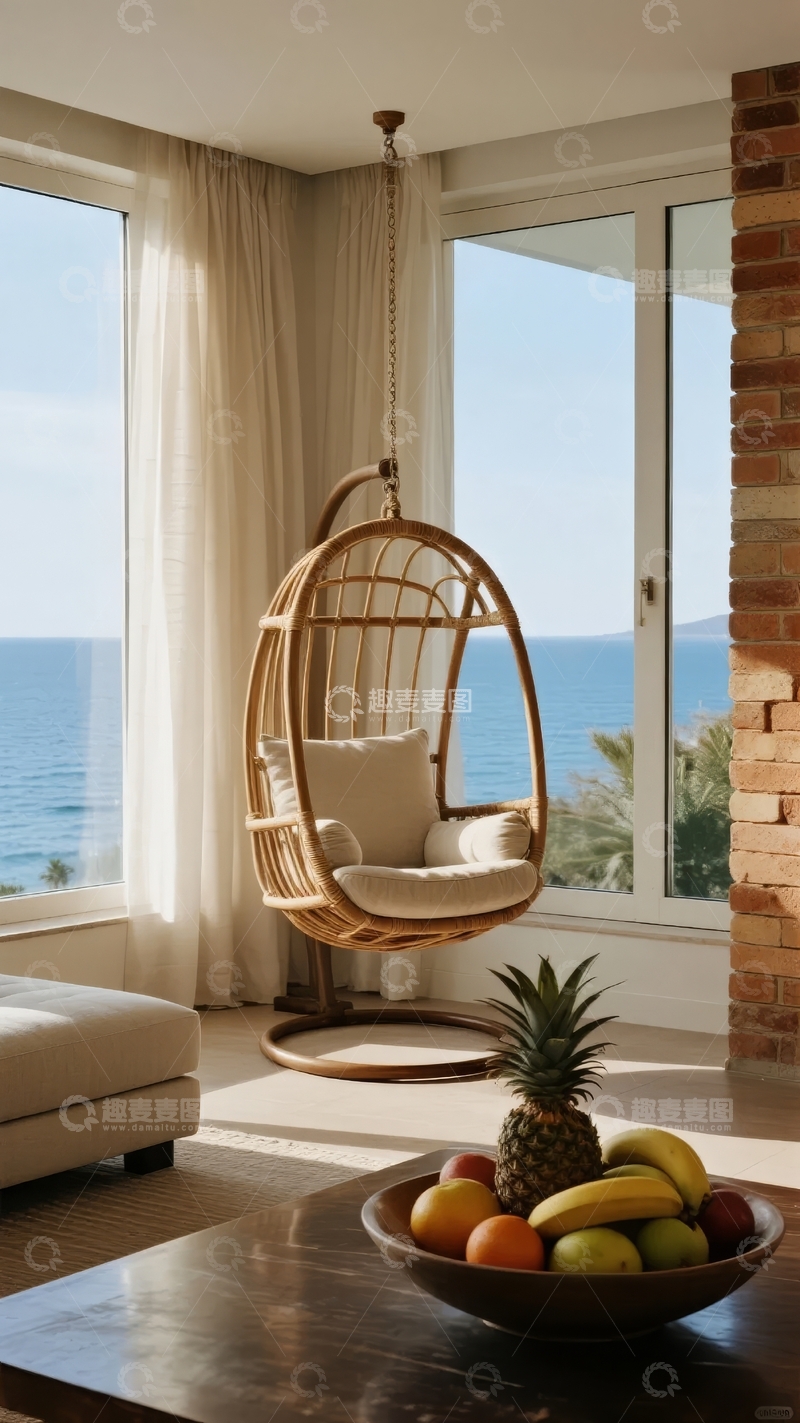 高清大图下载【趣麦麦图】室内悬挂藤椅旁摆放水果享受海景