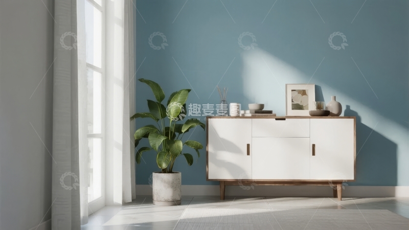 高清大图下载【趣麦麦图】蓝色墙面旁的白色柜子与绿植