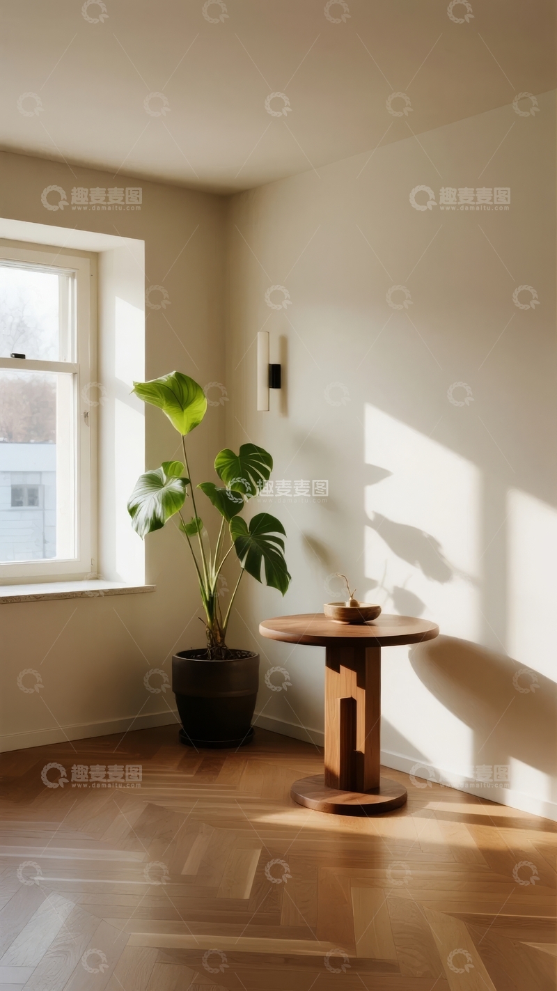 高清大图下载【趣麦麦图】室内角落阳光洒落绿植与简约圆桌相伴