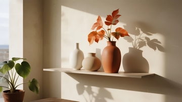 窗边架子上摆放着陶罐与植物光影交错的静谧场景