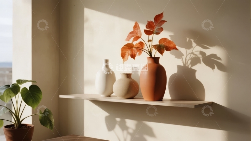 高清大图下载【趣麦麦图】窗边架子上摆放着陶罐与植物光影交错的静谧场景