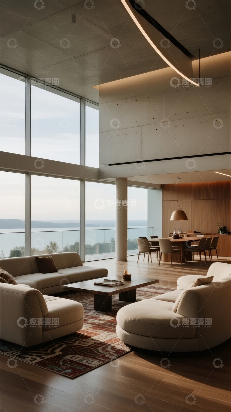 高清大图下载【趣麦麦图】现代客厅与餐厅相连拥有大面积落地窗和海景视野