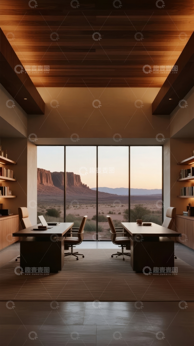 高清大图下载【趣麦麦图】现代办公室内景透过落地窗可见壮丽峡谷景观
