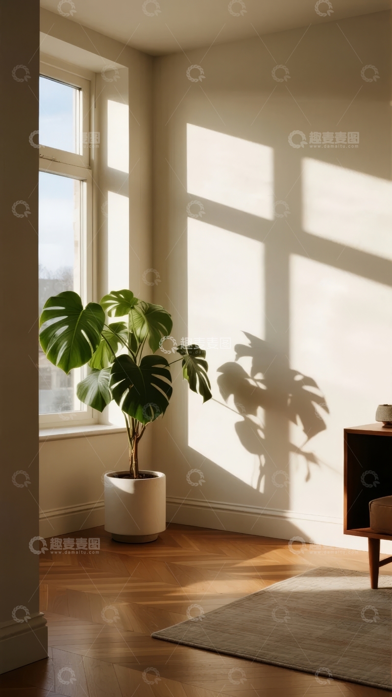 高清大图下载【趣麦麦图】阳光透过窗户洒在角落的绿植和墙壁上