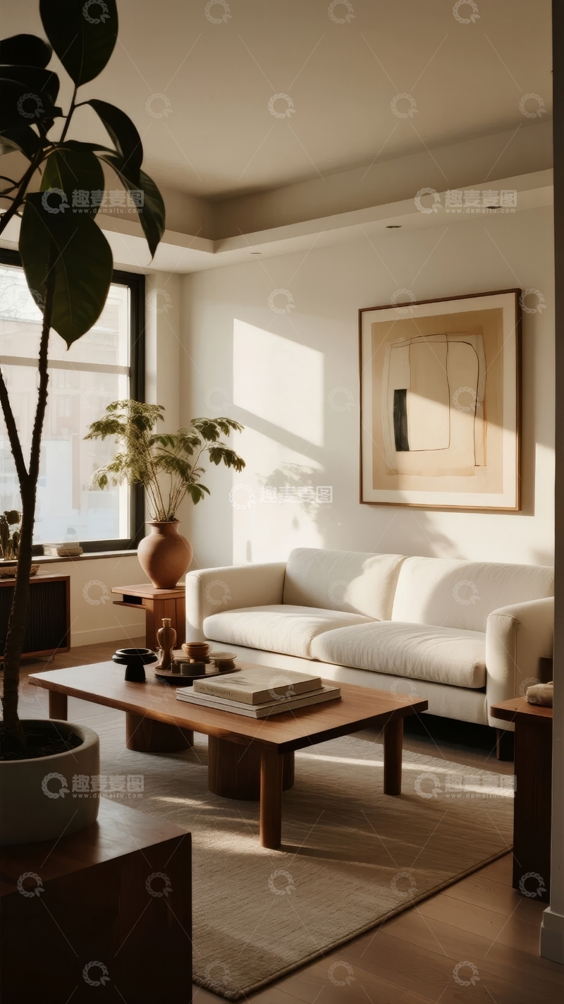 高清大图下载【趣麦麦图】阳光洒落的现代简约客厅角落