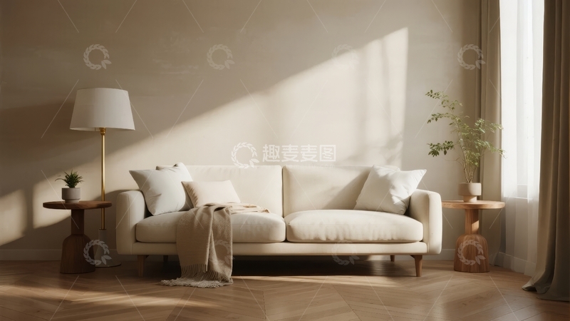 高清大图下载【趣麦麦图】阳光洒在简约风格客厅的米色沙发上
