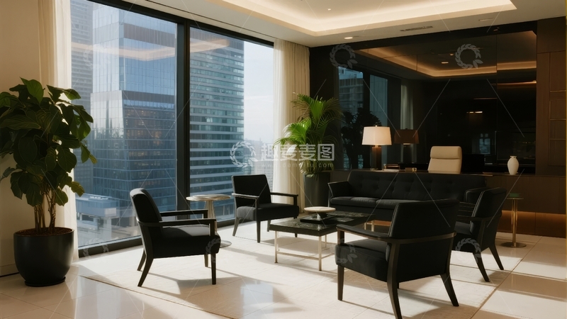 高清大图下载【趣麦麦图】现代风格客厅内景配有大窗户和黑色家具