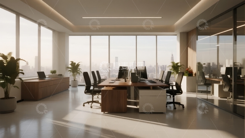 高清大图下载【趣麦麦图】现代办公室内景配备办公桌椅和大面积窗户