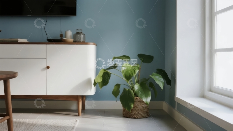 高清大图下载【趣麦麦图】室内一角摆放着白色柜子和绿植