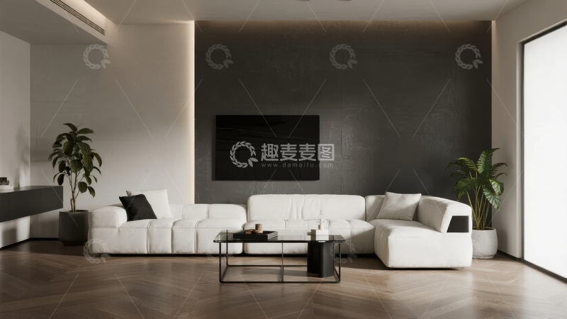 高清大图下载【趣麦麦图】现代简约客厅设计白色沙发搭配黑色电视墙