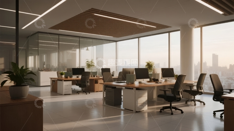 高清大图下载【趣麦麦图】现代开放式办公室配备办公桌椅和大面积窗户
