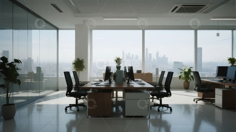 高清大图下载【趣麦麦图】现代办公室内景配备办公桌椅和城市景观