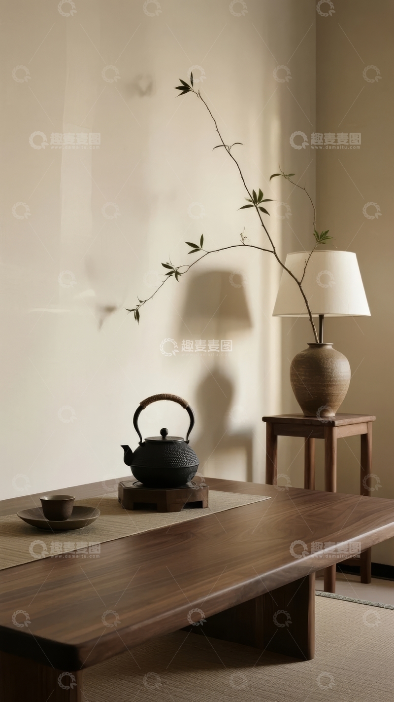 高清大图下载【趣麦麦图】日式风格室内角落摆放着茶壶与插花装饰