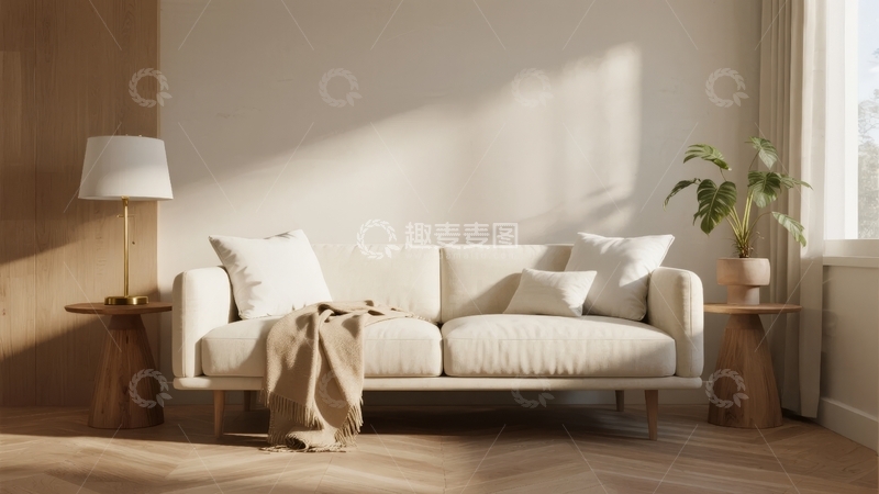 高清大图下载【趣麦麦图】-简约风格客厅内摆放着米色沙发和木质家具
