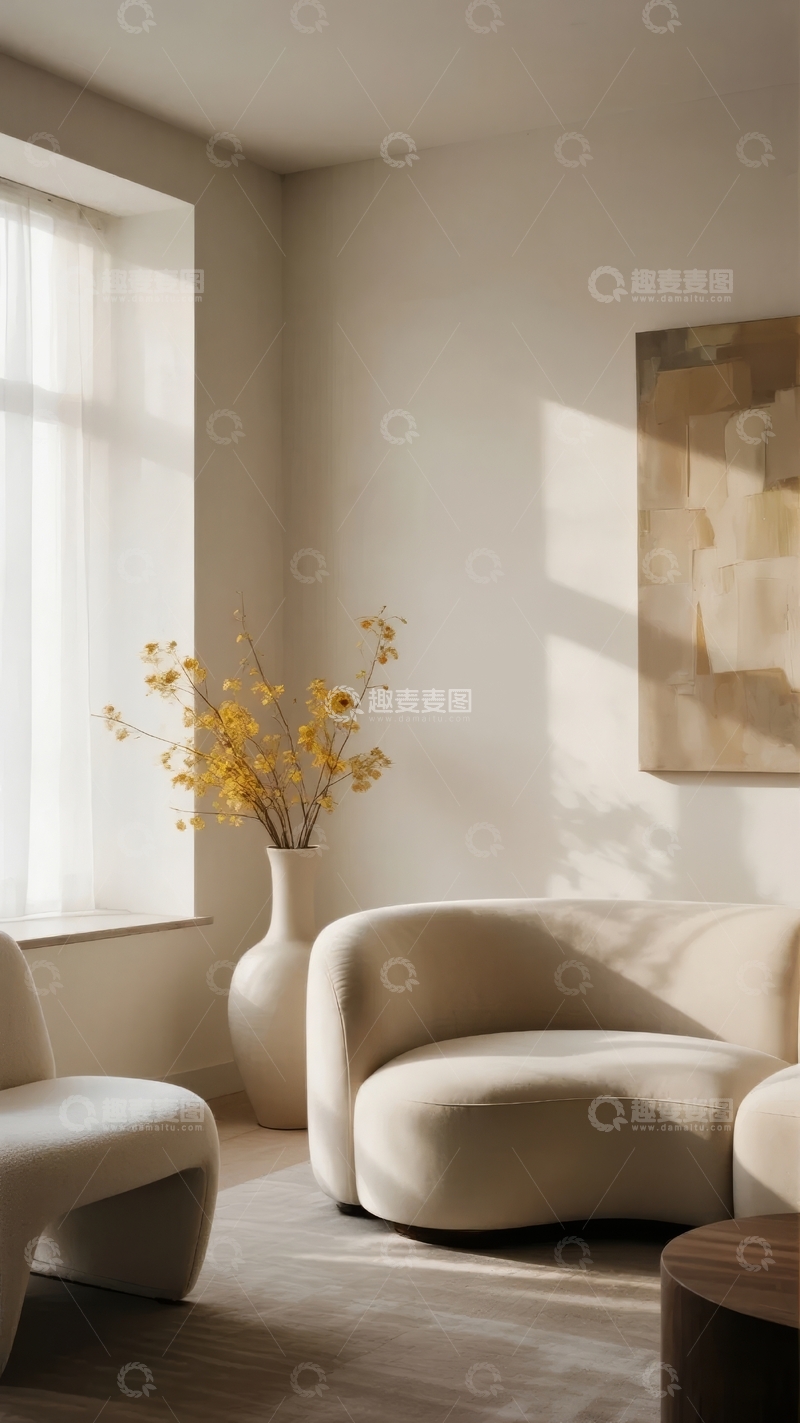 高清大图下载【趣麦麦图】阳光洒入简约现代客厅角落