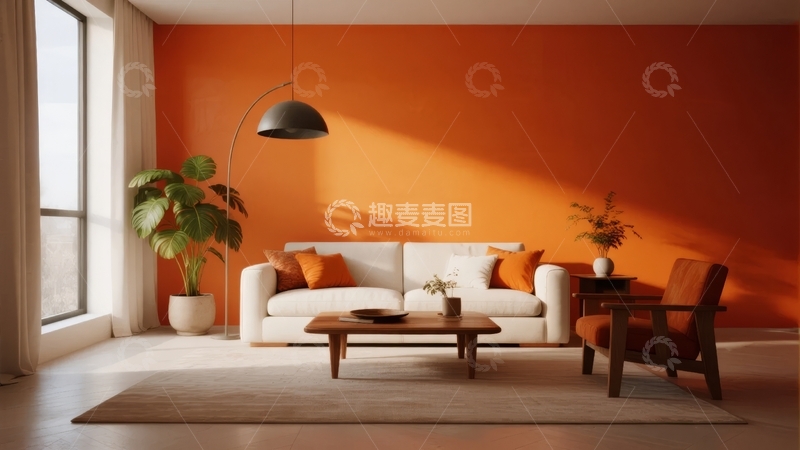 高清大图下载【趣麦麦图】橙色墙面客厅阳光照射现代简约家居场景