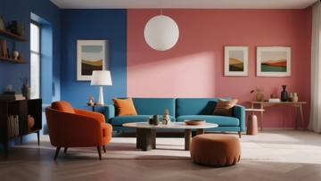 现代客厅采用蓝粉撞色墙面搭配舒适家具