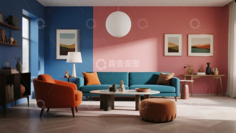 高清大图下载【趣麦麦图】现代客厅采用蓝粉撞色墙面搭配舒适家具