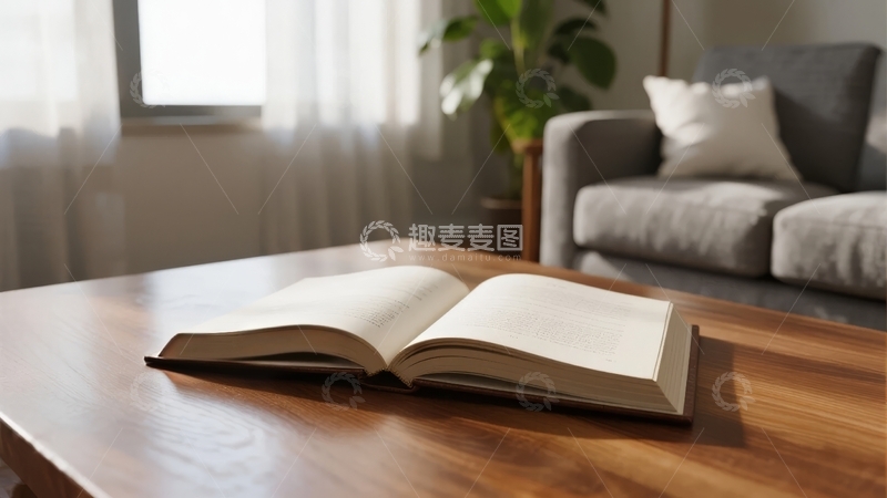 高清大图下载【趣麦麦图】一本打开的书置于木质桌面上背景为客厅沙发