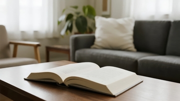 室内沙发上放着一本打开的书
