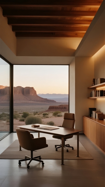 现代办公室内景窗外沙漠景观