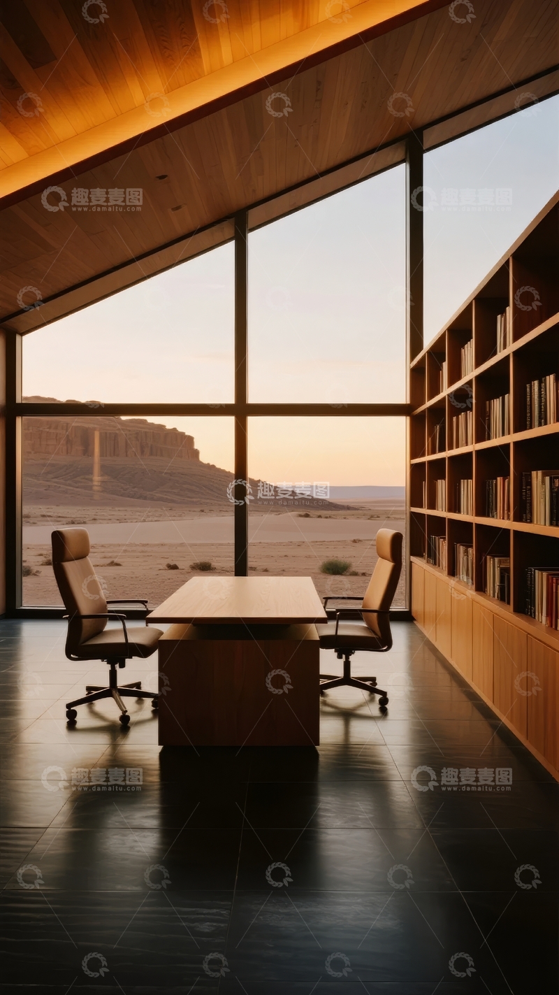 现代办公室内景透过大窗可见沙漠景观