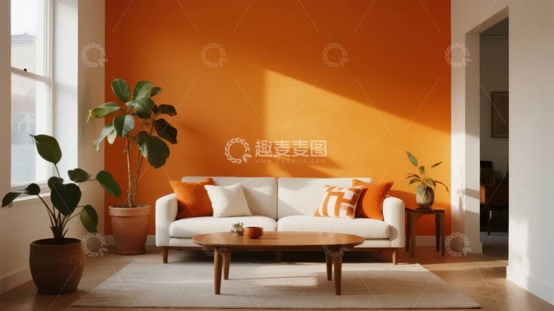 高清大图下载【趣麦麦图】橙色墙面客厅摆放沙发与绿植