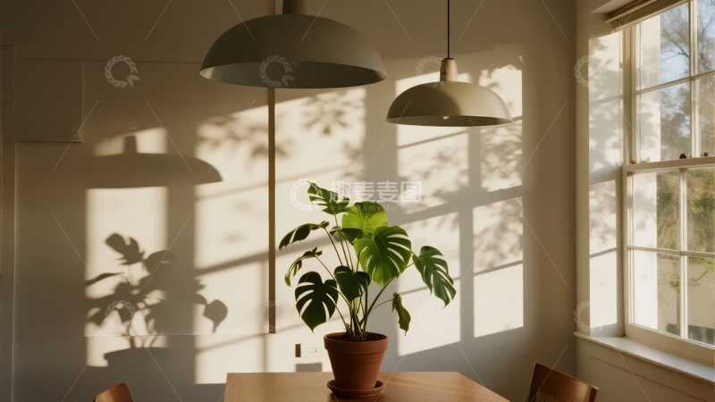 高清大图下载【趣麦麦图】阳光透过窗户洒在室内餐桌上的绿植和吊灯上