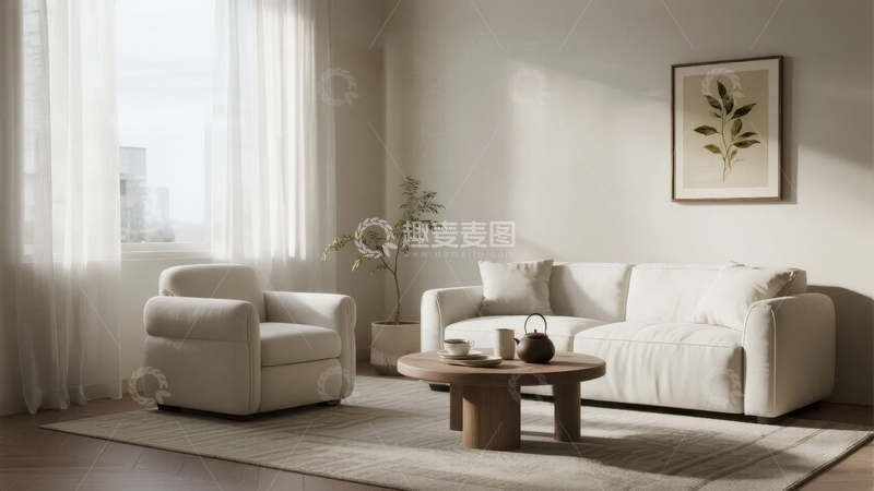 高清大图下载【趣麦麦图】明亮简约客厅摆放白色沙发与单人椅