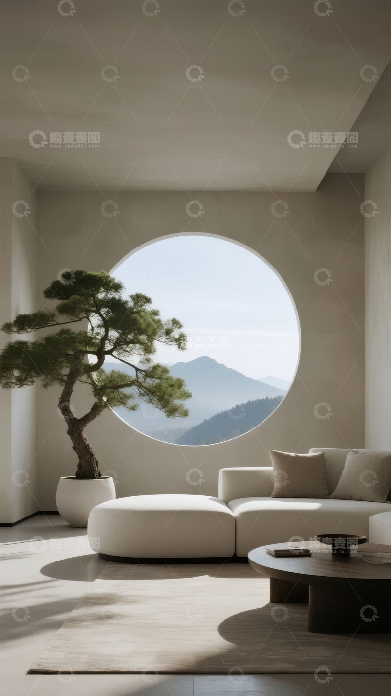 高清大图下载【趣麦麦图】现代简约客厅圆形窗户景观山景