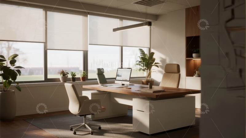 高清大图下载【趣麦麦图】现代办公室内景配备办公桌椅和绿植