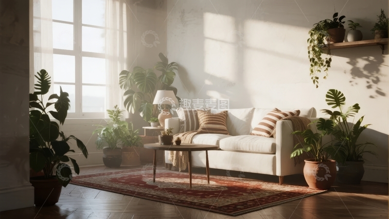 高清大图下载【趣麦麦图】阳光洒满的客厅内摆放着沙发和绿植