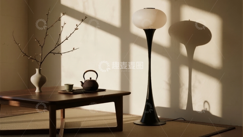 高清大图下载【趣麦麦图】日式风格室内茶几与落地灯光影静谧场景